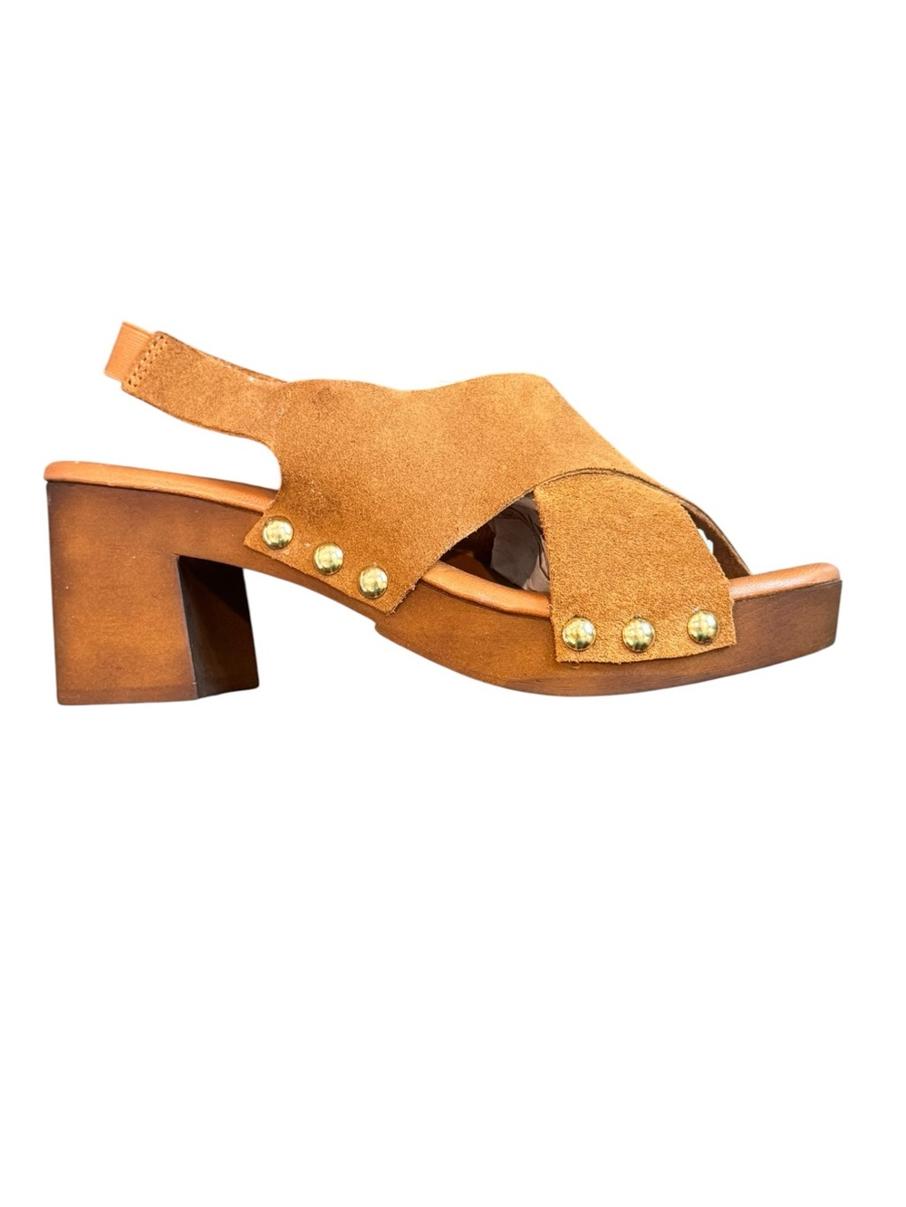 Suede Tan Studded Slingback Block Heel Sandal